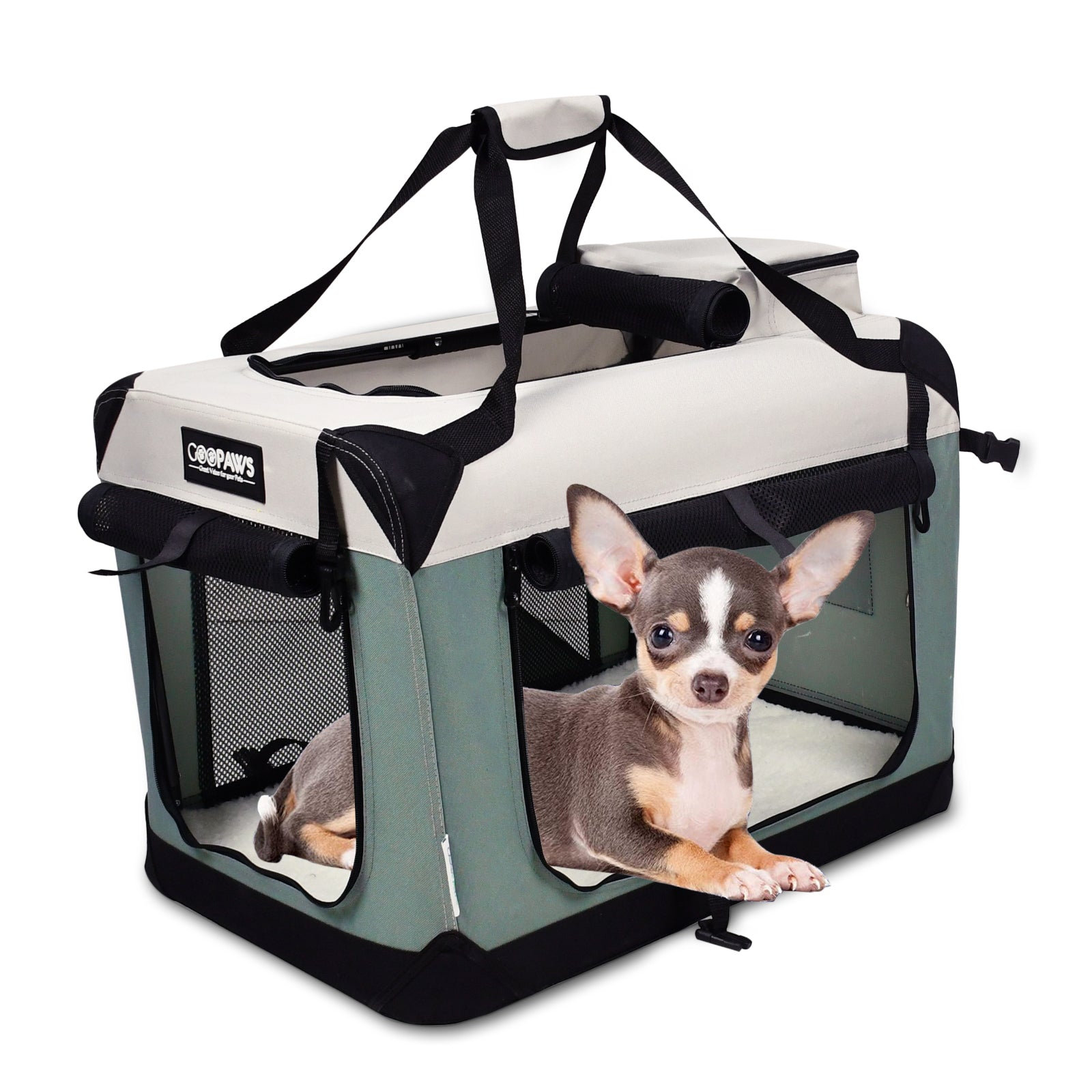 Jespet & GOOPAWS Indoor & Outdoor 3-Door Collapsible Soft-Sided Dog, Cat & Small Pet Crate, Shale Green, 24''