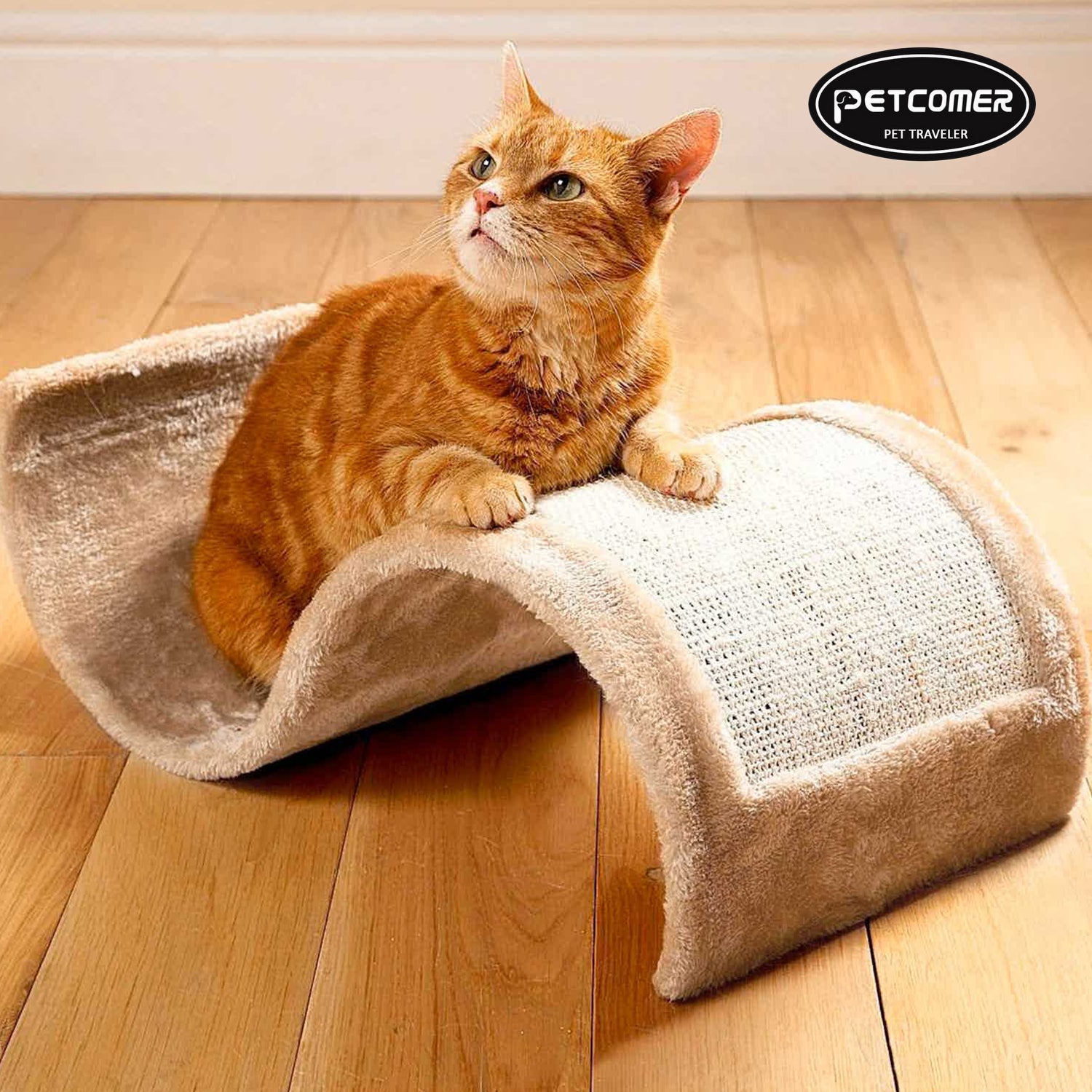 PETCOMER PET TRAVELER Cat Scratching Post Wave, Indoor Cat Toys and Bed & Pet Play Towers, Beige, 11.25"L x 19.5"W x 7"H