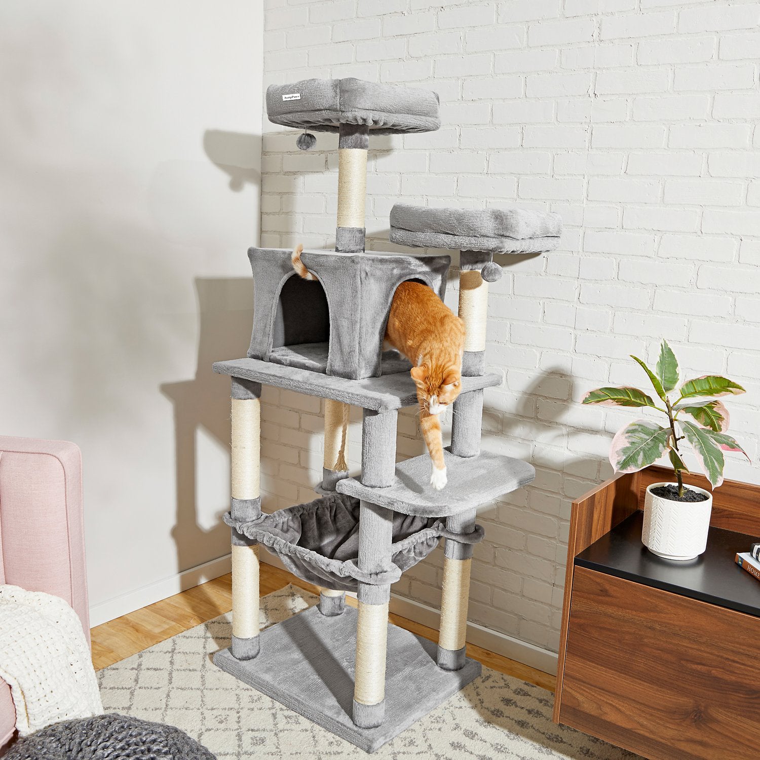 JumpPaws Cat Playhouse, Indoor Cat Tower Condo, Cat Toys and Bed & Pet Play Towers, Grey, 23.6"L x 19.1"W x 64"H