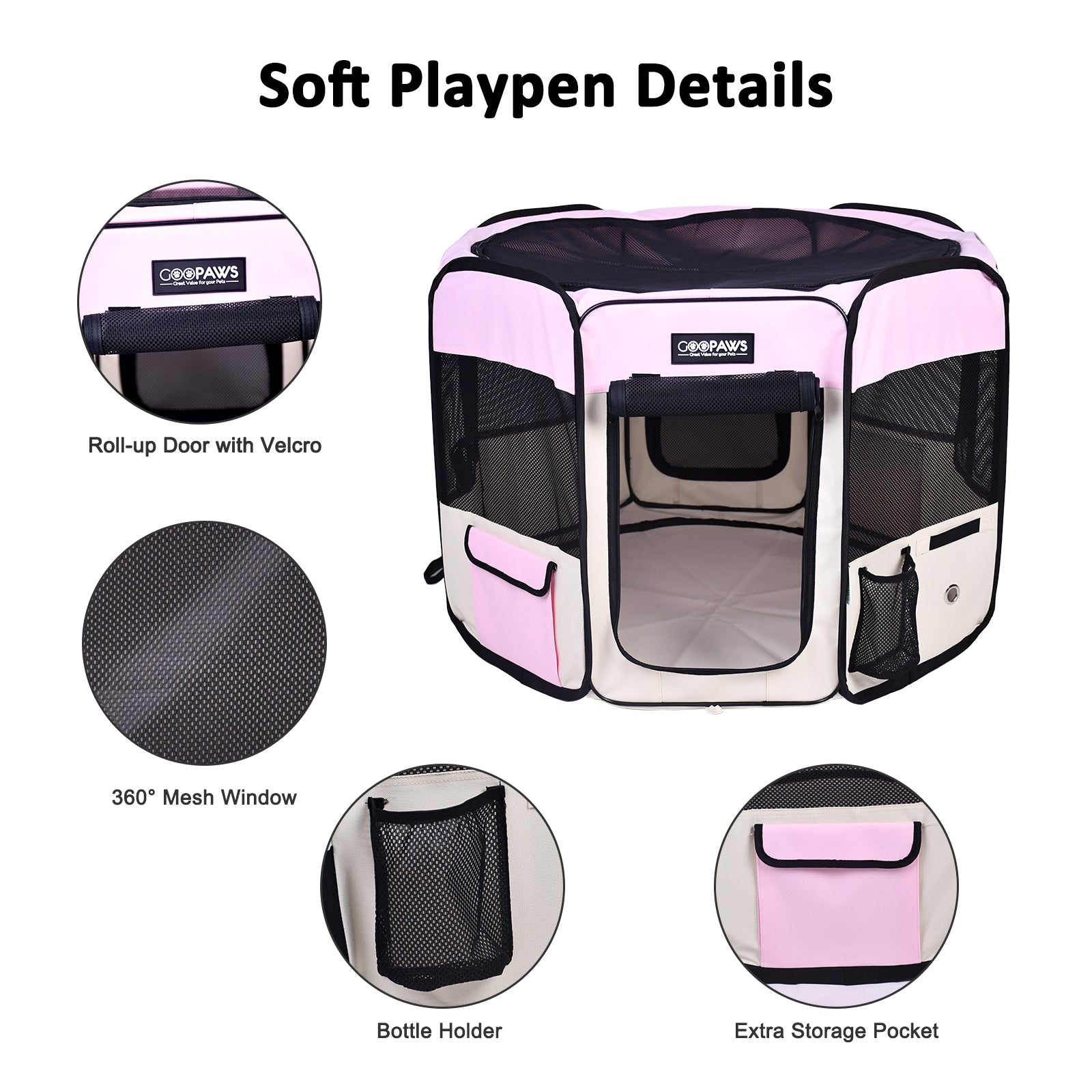 Jespet 2-Door Portable Soft-Sided Dog, Cat & Small Pet Exercise Playpen, Pink,  36''