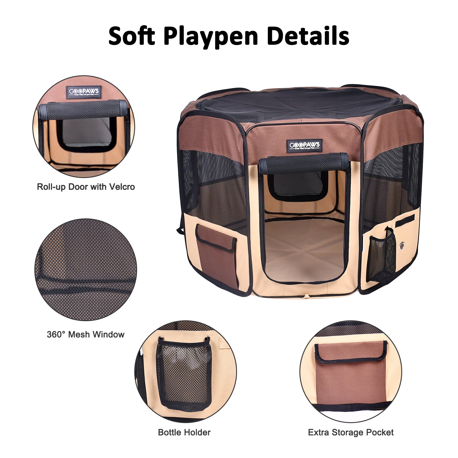 Jespet 2-Door Portable Soft-Sided Dog, Cat & Small Pet Exercise Playpen, Brown, 45''