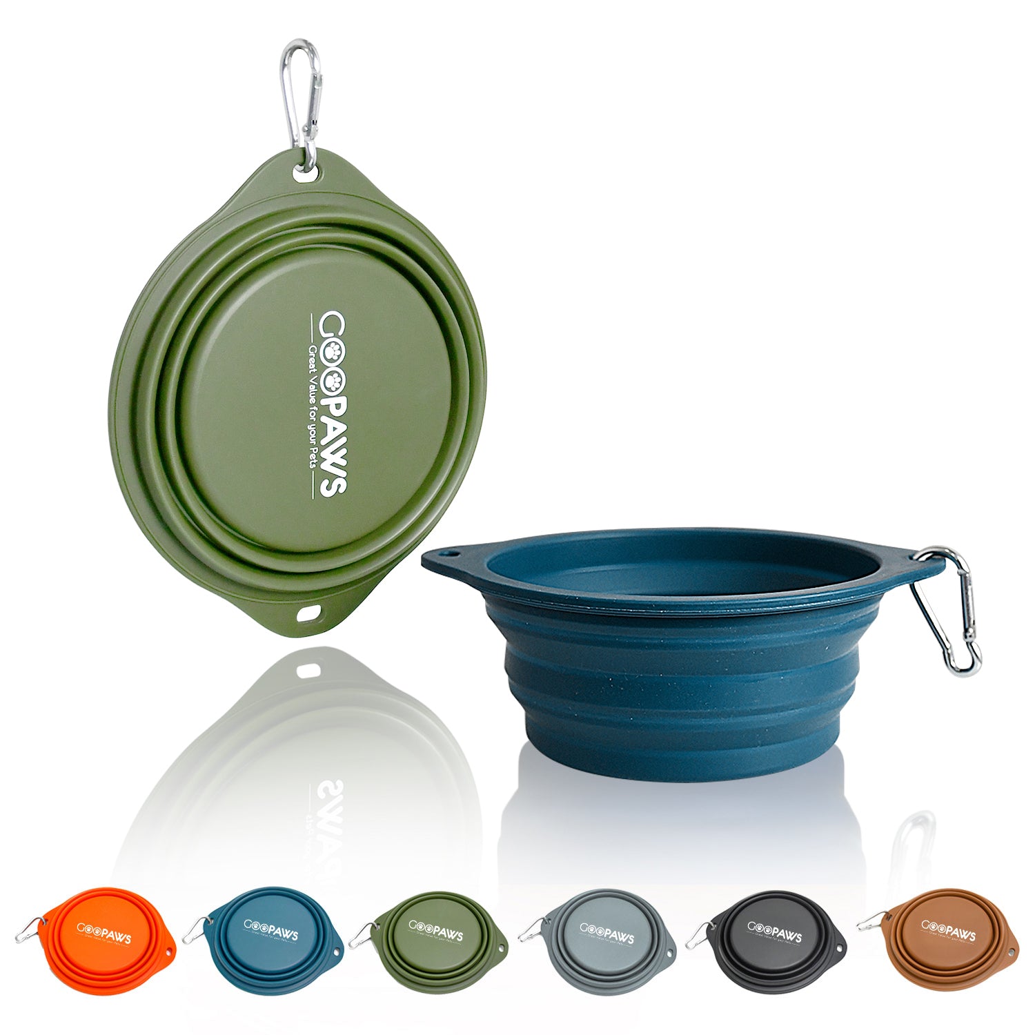 GOOPAWS 2 Pack Silicone Non-Skid Travel Dog and Cat Bowl, Blue&Green