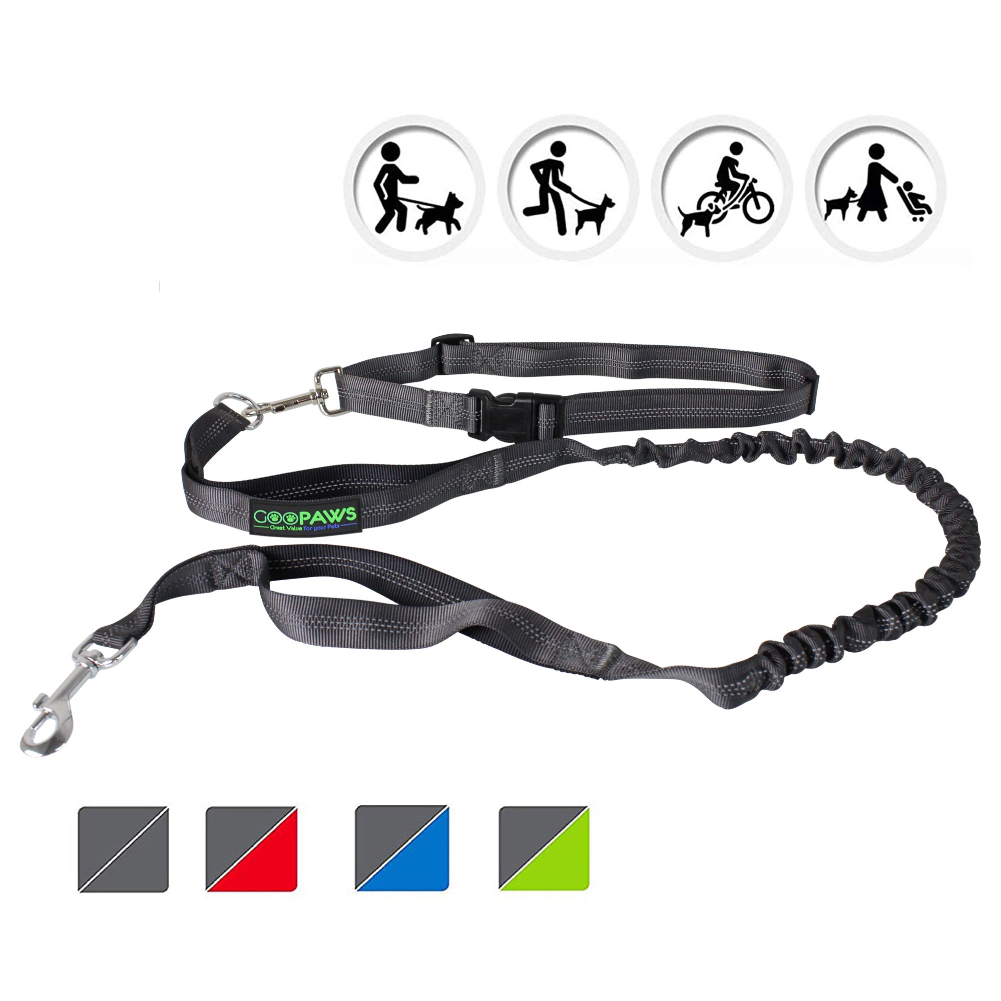 GOOPAWS No Pull Hand Free Bungee Dog Leash for Hiking, Running, Black