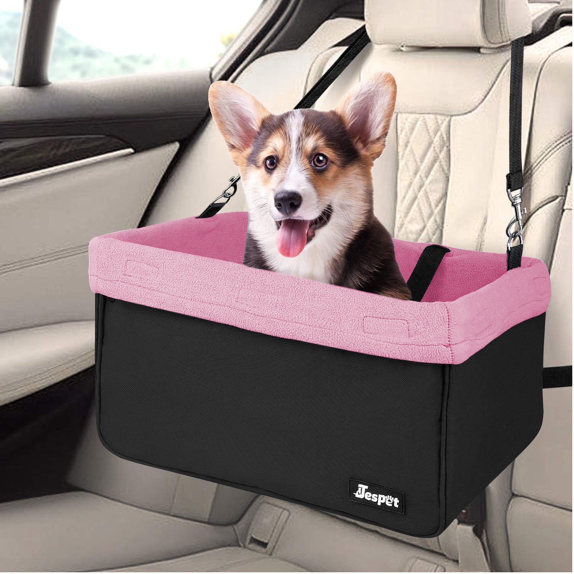 GOOPAWS Portable Pet Safety Booster Dog Car Seat with Seat Belt, Pink