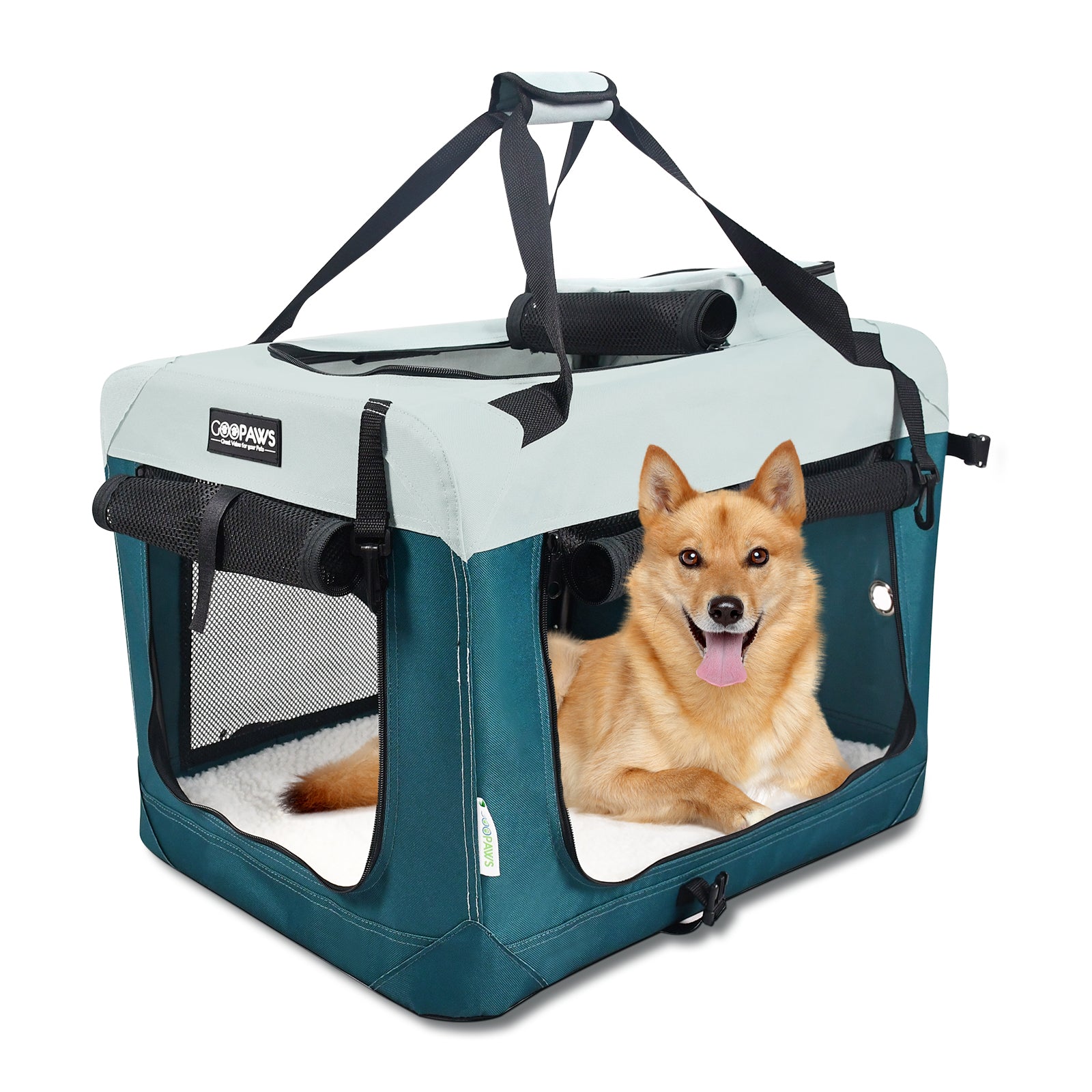 Jespet & GOOPAWS Indoor & Outdoor 3-Door Collapsible Soft-Sided Dog, Cat & Small Pet Crate, Teal Blue, 30''