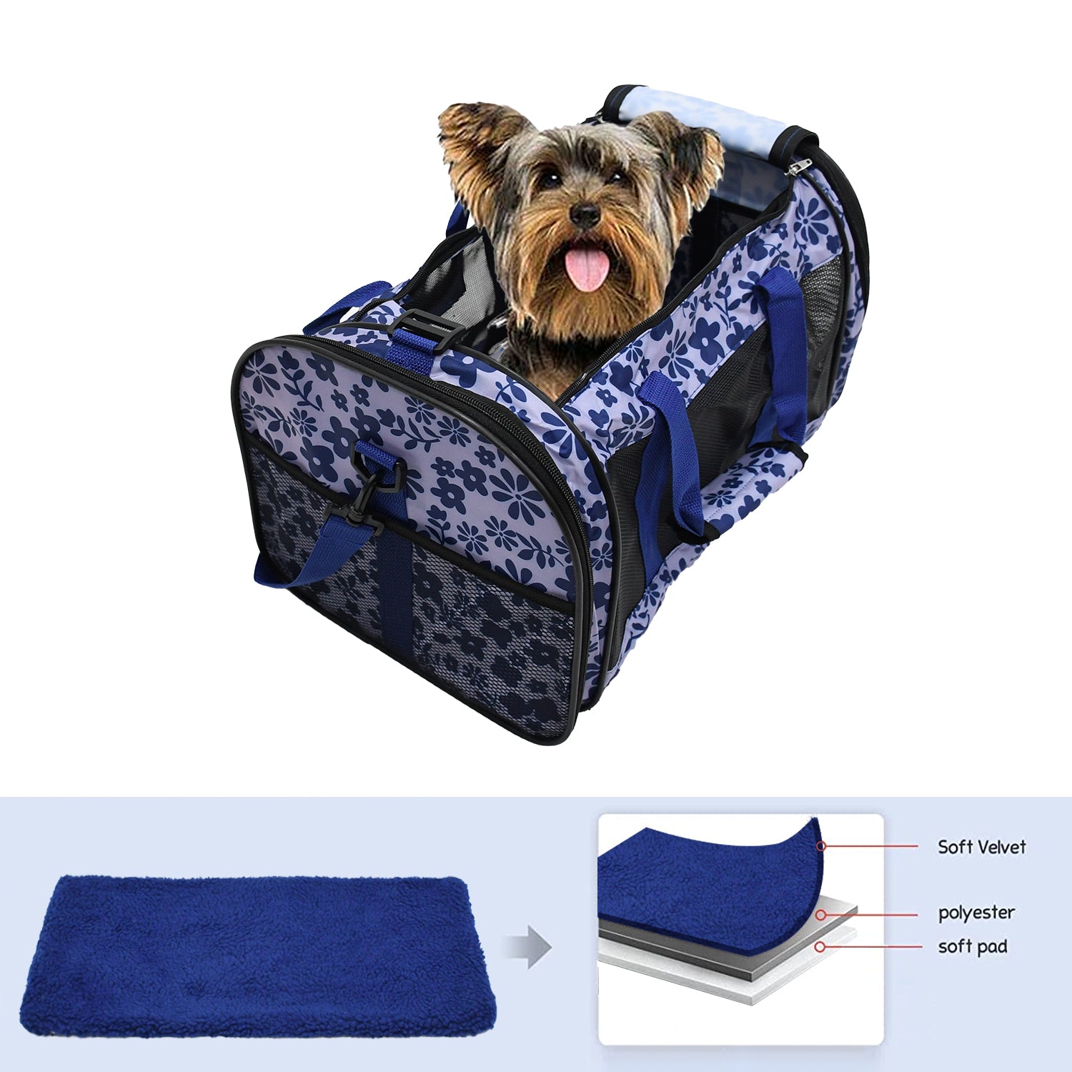 GOOPAWS Soft-Sided Small Dog Cat Carrier Bag, Floral Print Blue, 19