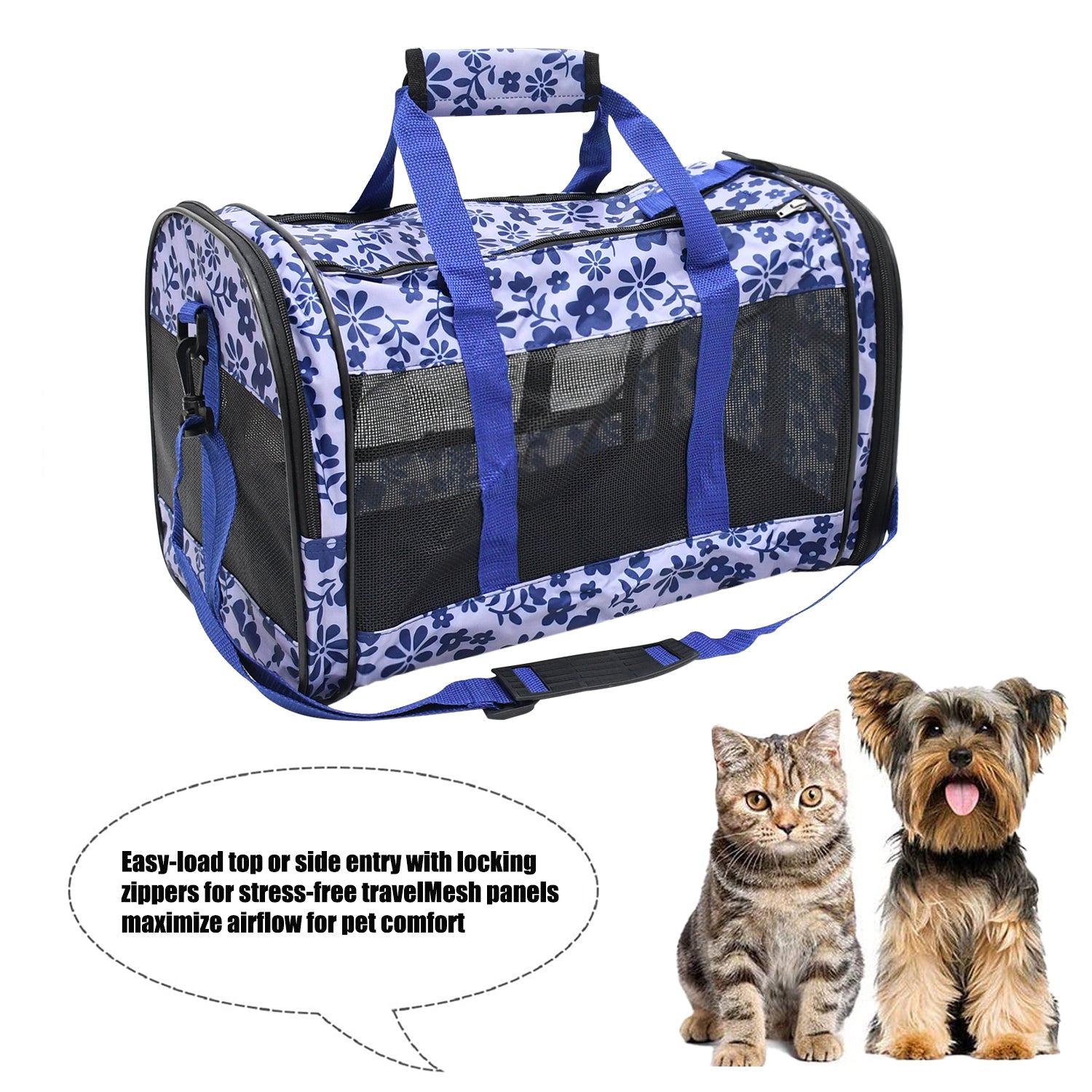 Soft-Sided Kennel Pets Carrier for Small Dogs Cats, Puppy, Airline Approved Cat  Carriers Dog Carrier Collapsible Travel Handbag & Car Seat (Large 19 x 11  x 11 Floral Print Blue)