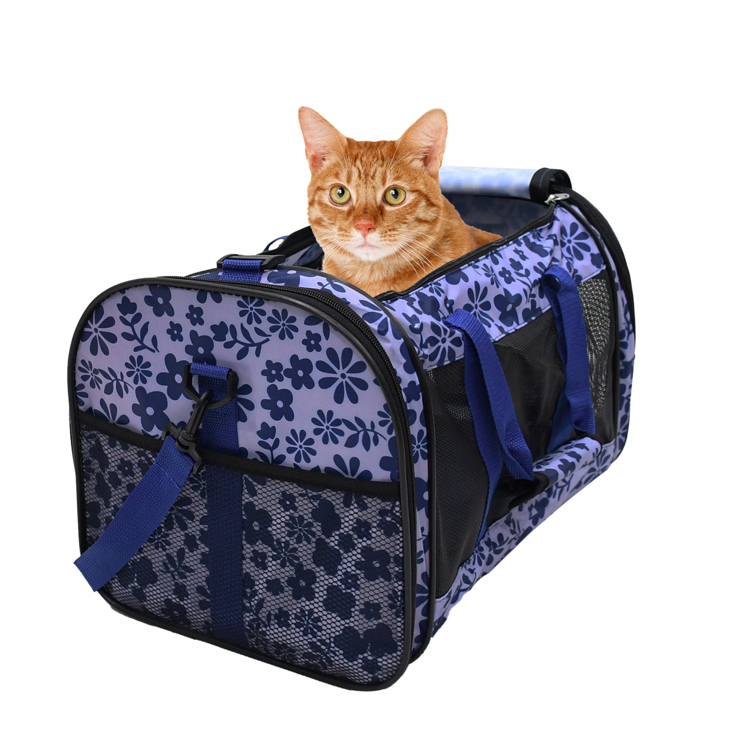 GOOPAWS Soft-Sided Small Dog Cat Carrier Bag, Floral Print Blue, 19''