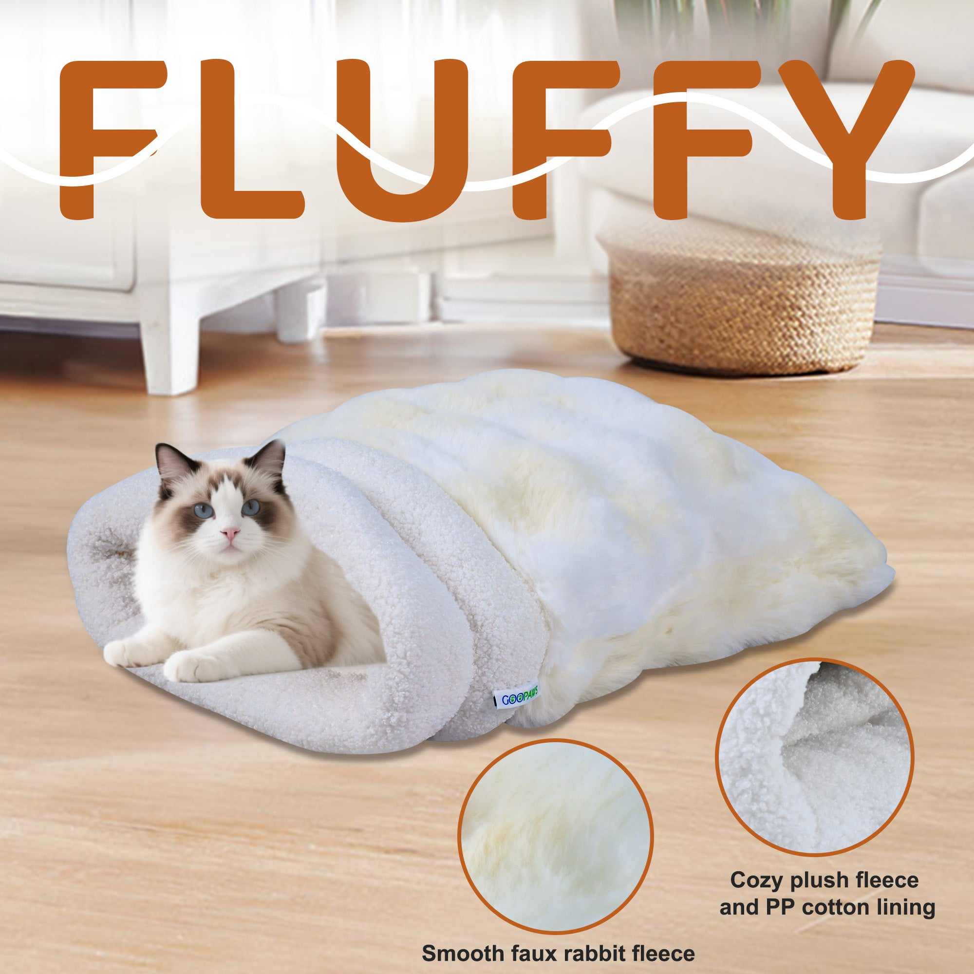 GOOPAWS 4-in-1 Cat Sack Bed Cave - Self Warming Pet Sleeping Bag for Cats & Small Dogs, Cream