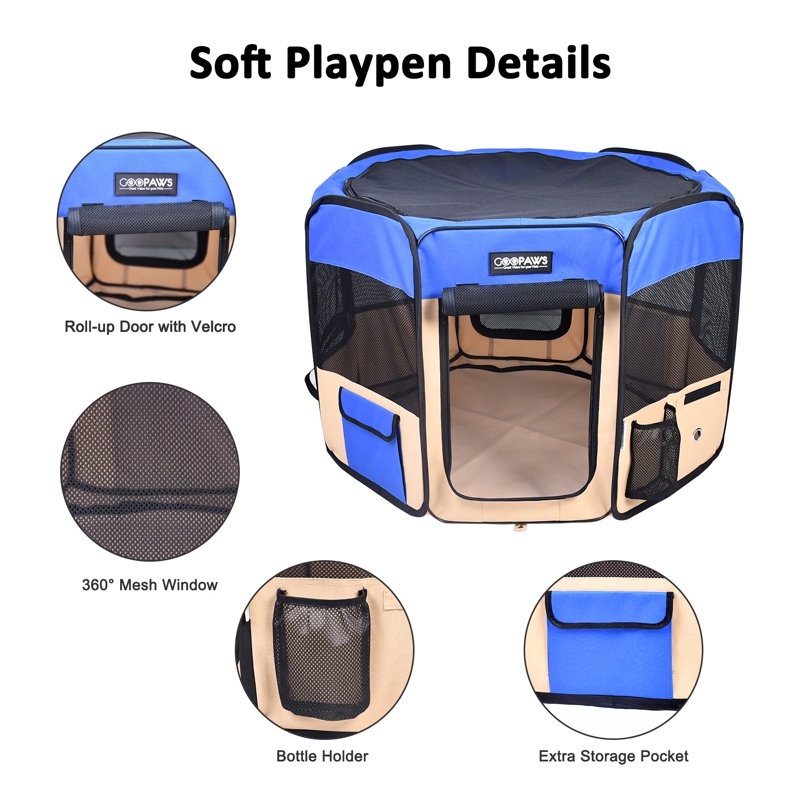 Jespet 2-Door Portable Soft-Sided Dog, Cat & Small Pet Exercise Playpen, Blue, 36''