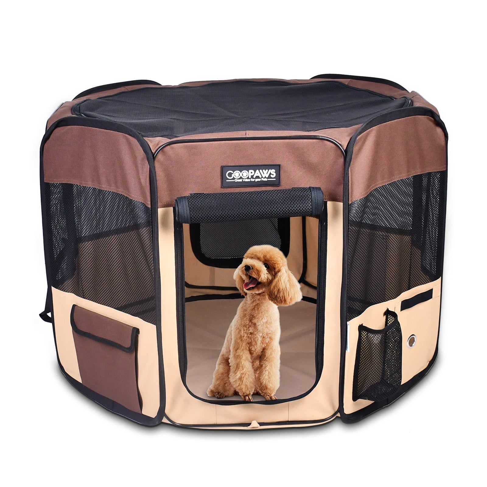 Jespet 2-Door Portable Soft-Sided Dog, Cat & Small Pet Exercise Playpen, Brown, 36''