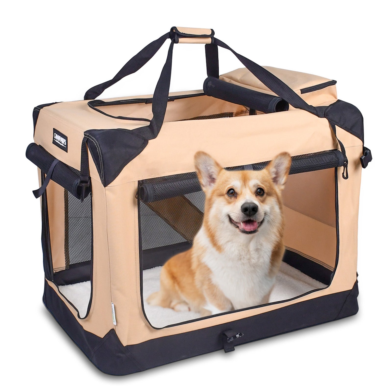 Jespet Indoor & Outdoor 3-Door Collapsible Soft-Sided Dog, Cat & Small Pet Crate, Beige, 30''