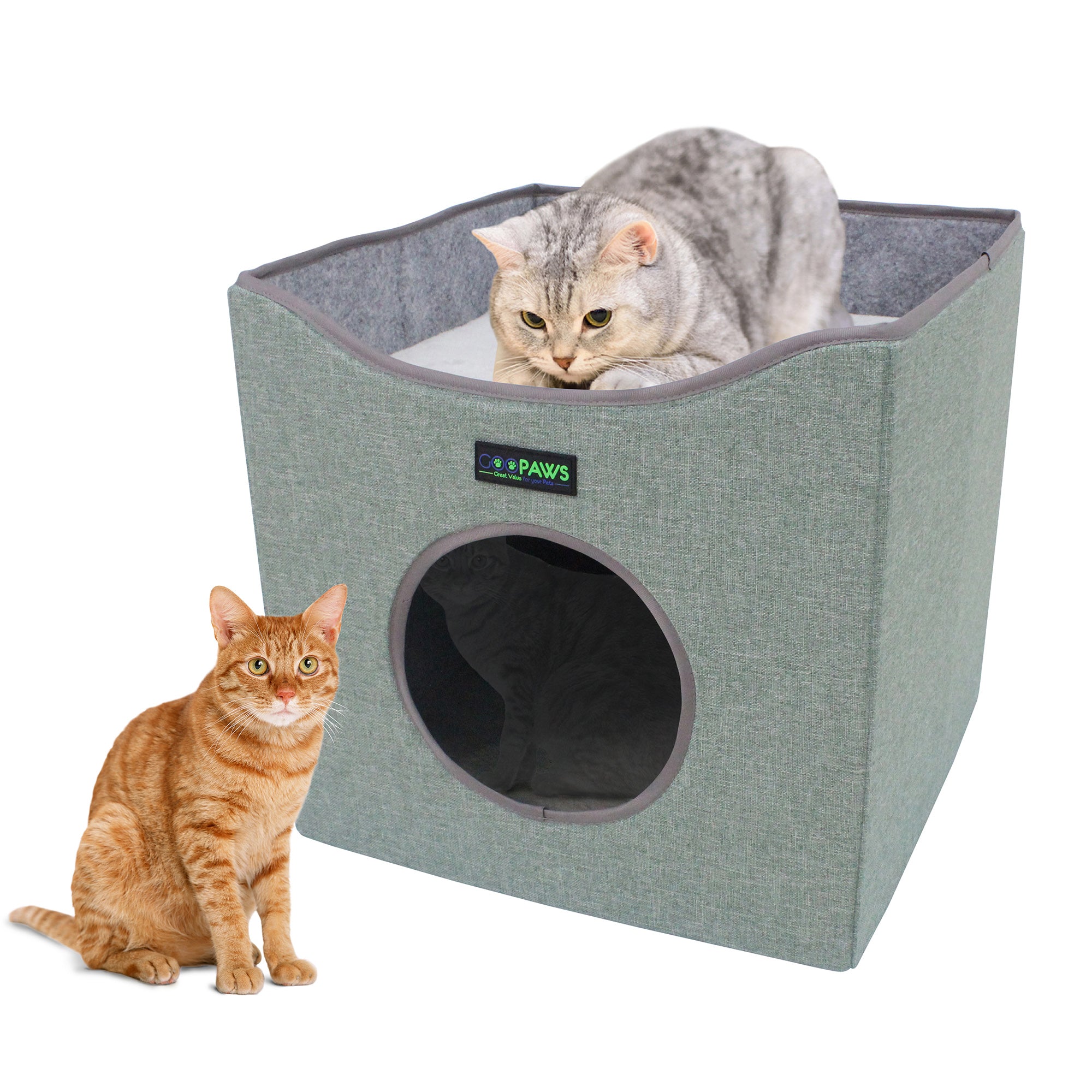 GOOPAWS Foldable Cat Condo, Cat Cube House & Sleeper Bed Cave, Green
