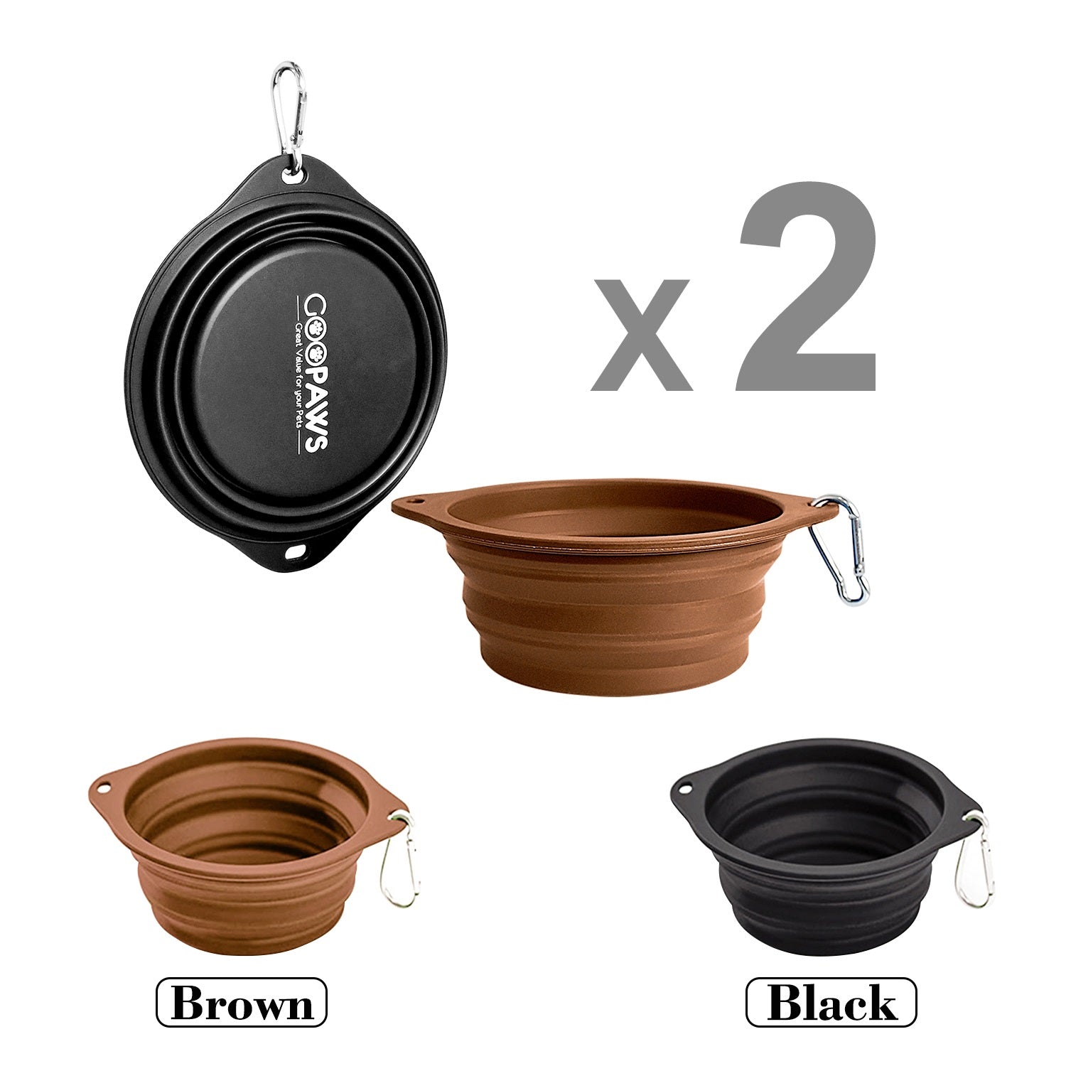 GOOPAWS 2 Pack Silicone Non-Skid Travel Dog and Cat Bowl, Black&Brown