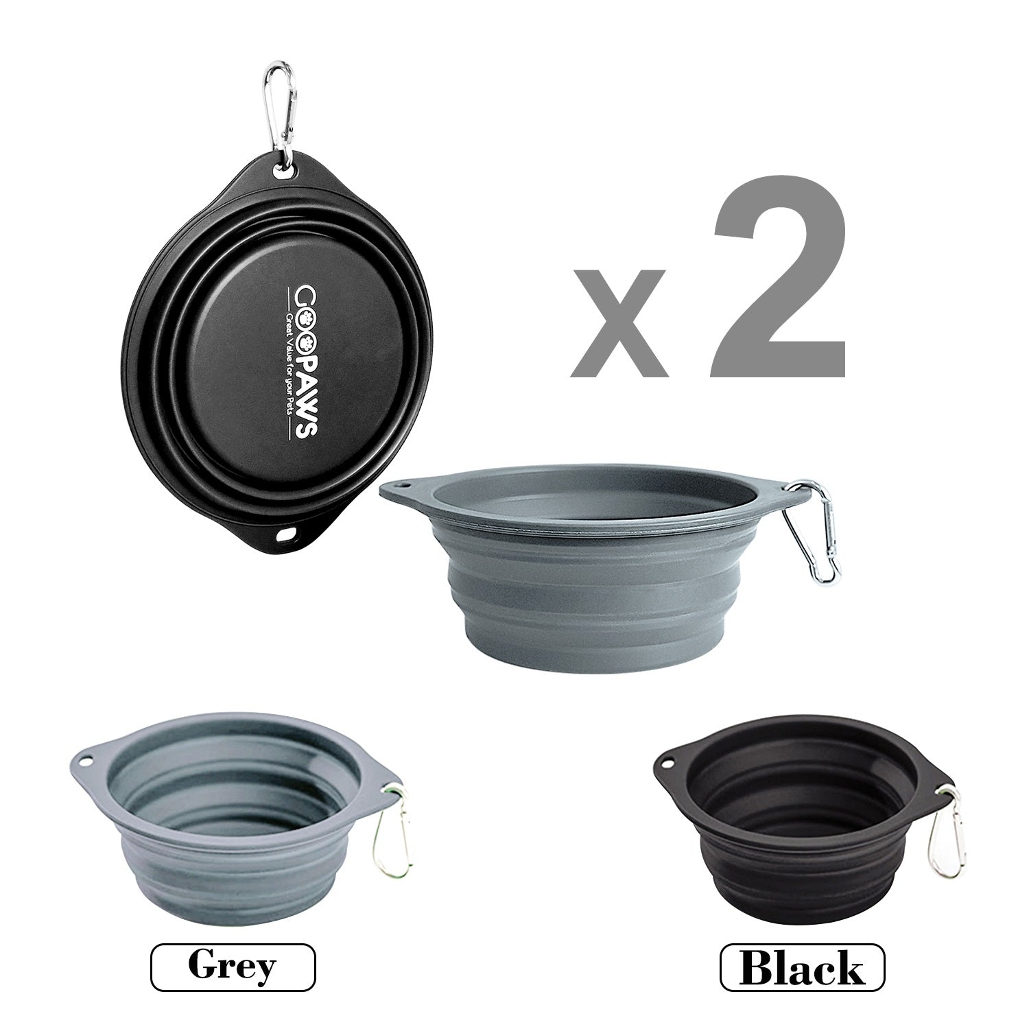 GOOPAWS 2 Pack Silicone Non-Skid Travel Dog and Cat Bowl, Black&Grey