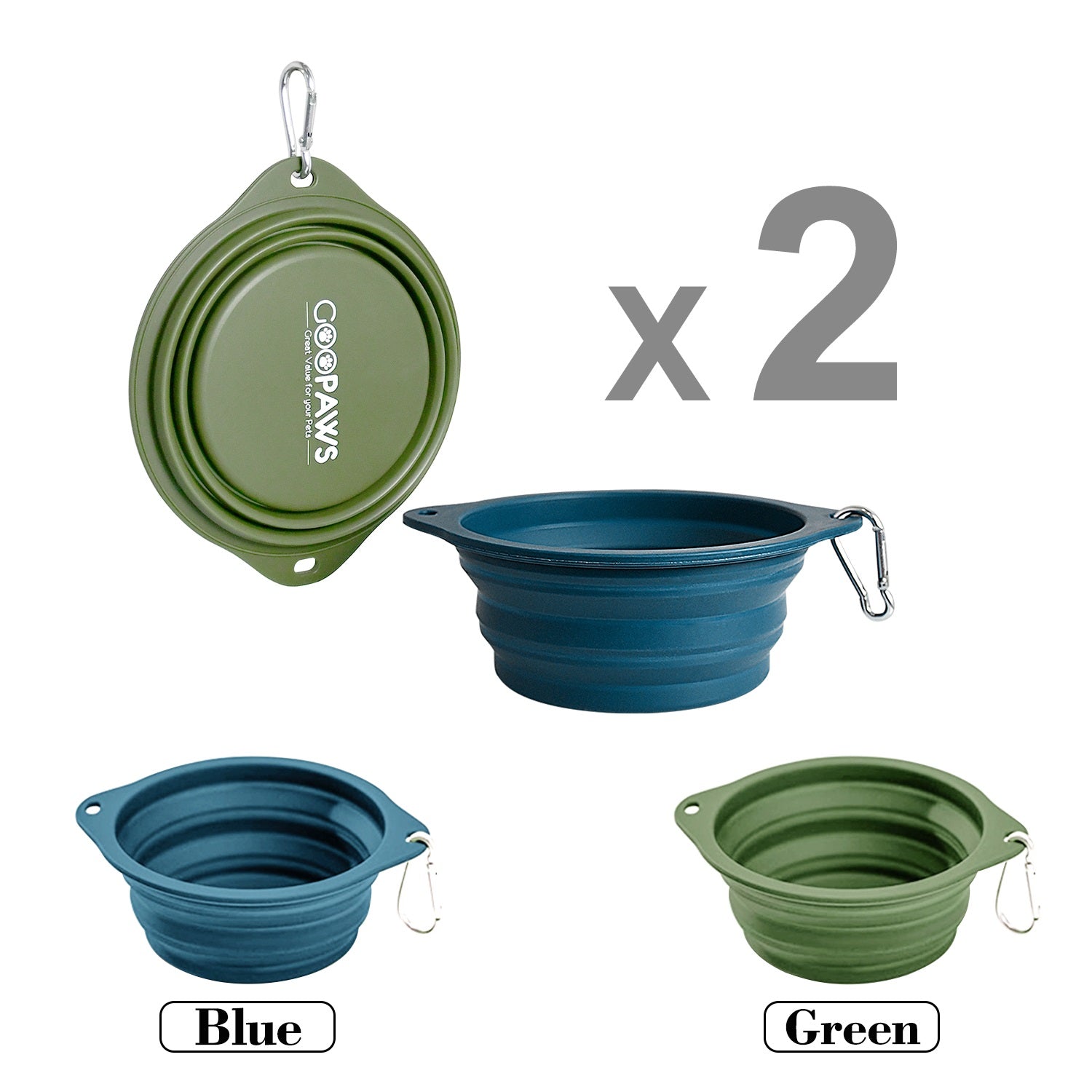 GOOPAWS 2 Pack Silicone Non-Skid Travel Dog and Cat Bowl, Blue&Green
