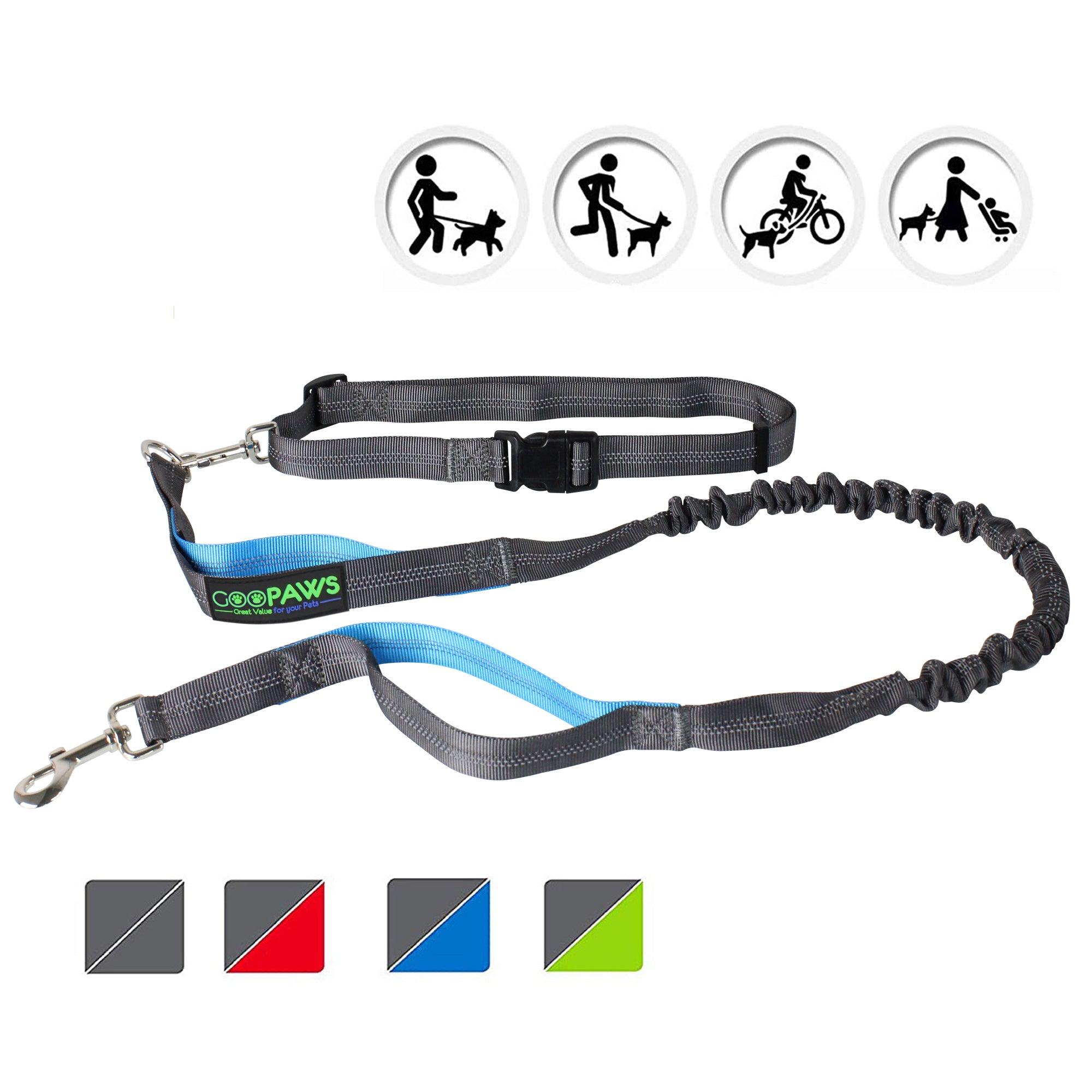 GOOPAWS No Pull Hand Free Bungee Dog Leash for Hiking, Running, Blue