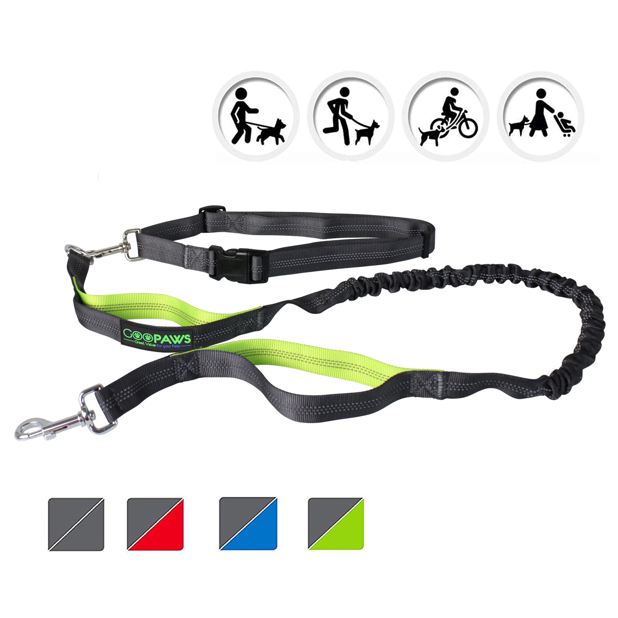 GOOPAWS No Pull Hand Free Bungee Dog Leash for Hiking, Running, Green