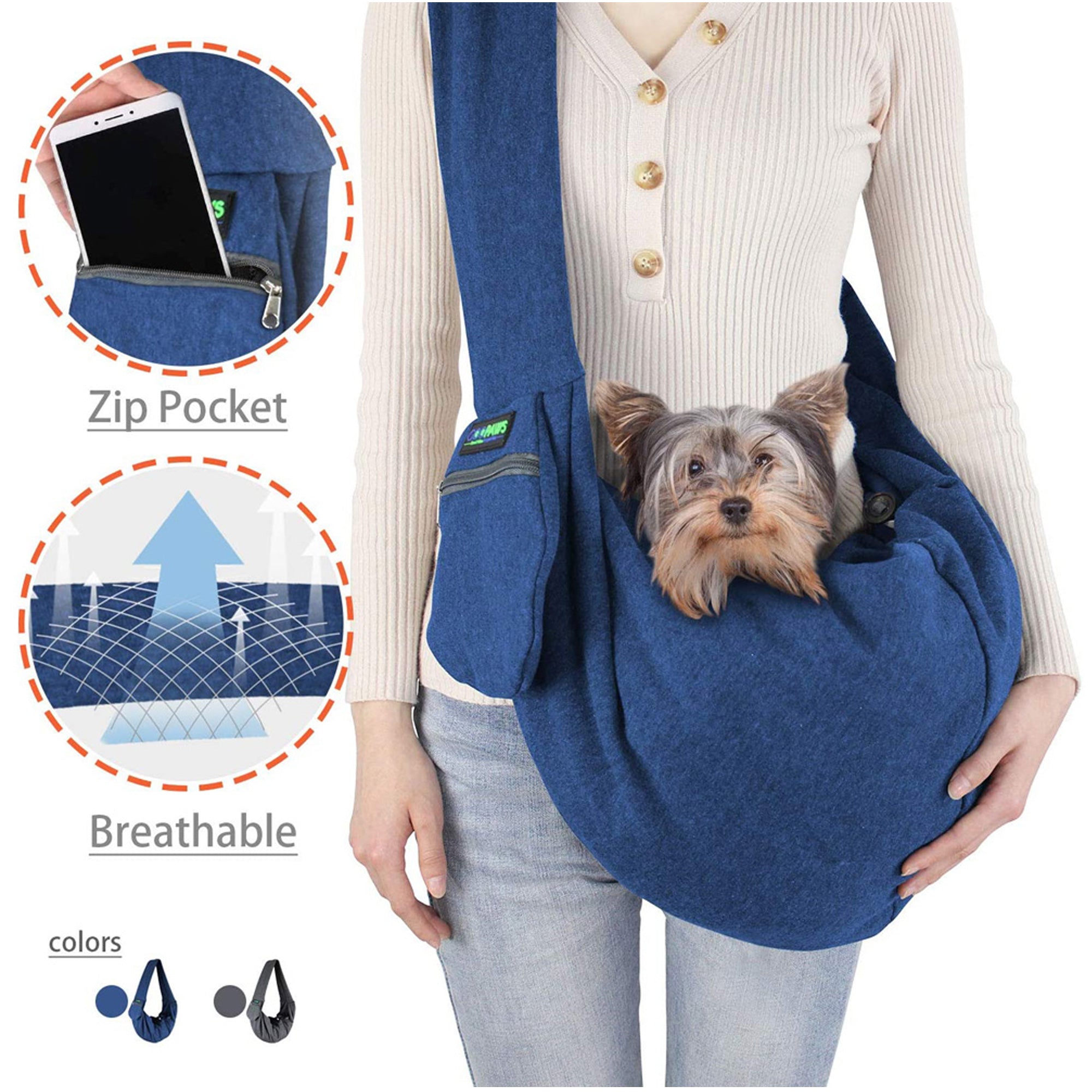 GOOPAWS Comfy Pet Sling for Small Dog Cat, Hand Free Bag, Navy Blue