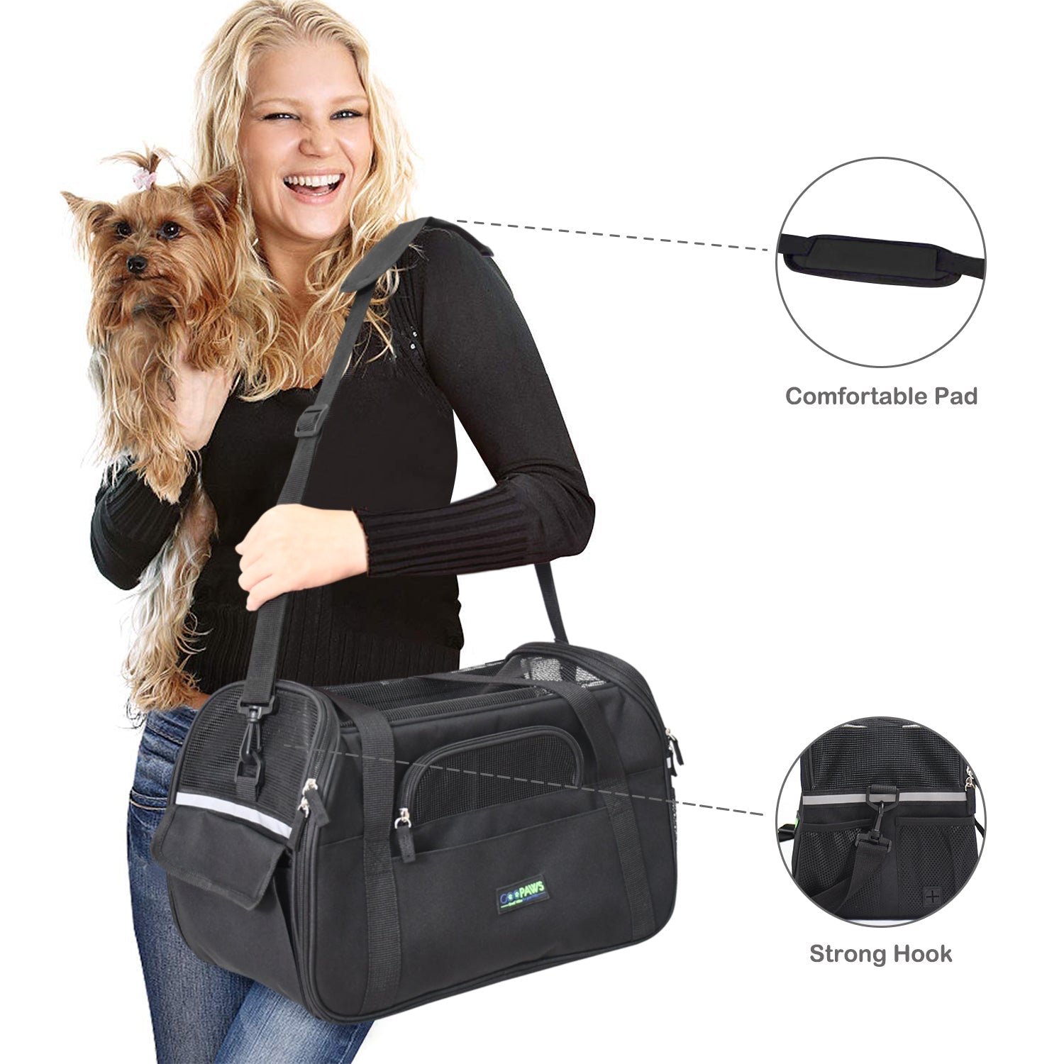 GOOPAWS Soft Sided Small Dog Carrier Comfort for Travel, Black, 19"