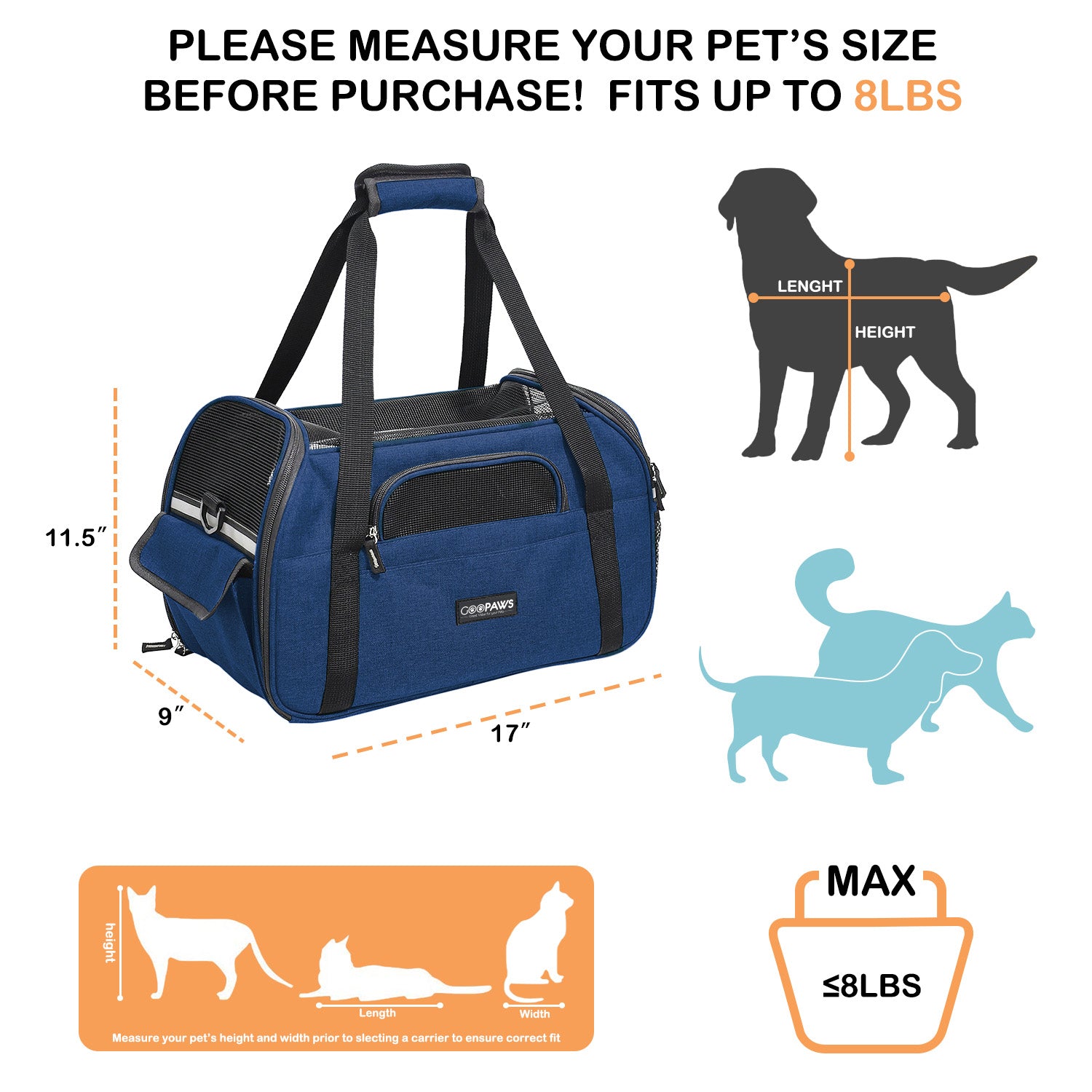 GOOPAWS Soft Sided Pet Cat Carrier Perfect for Travel, Navy Blue