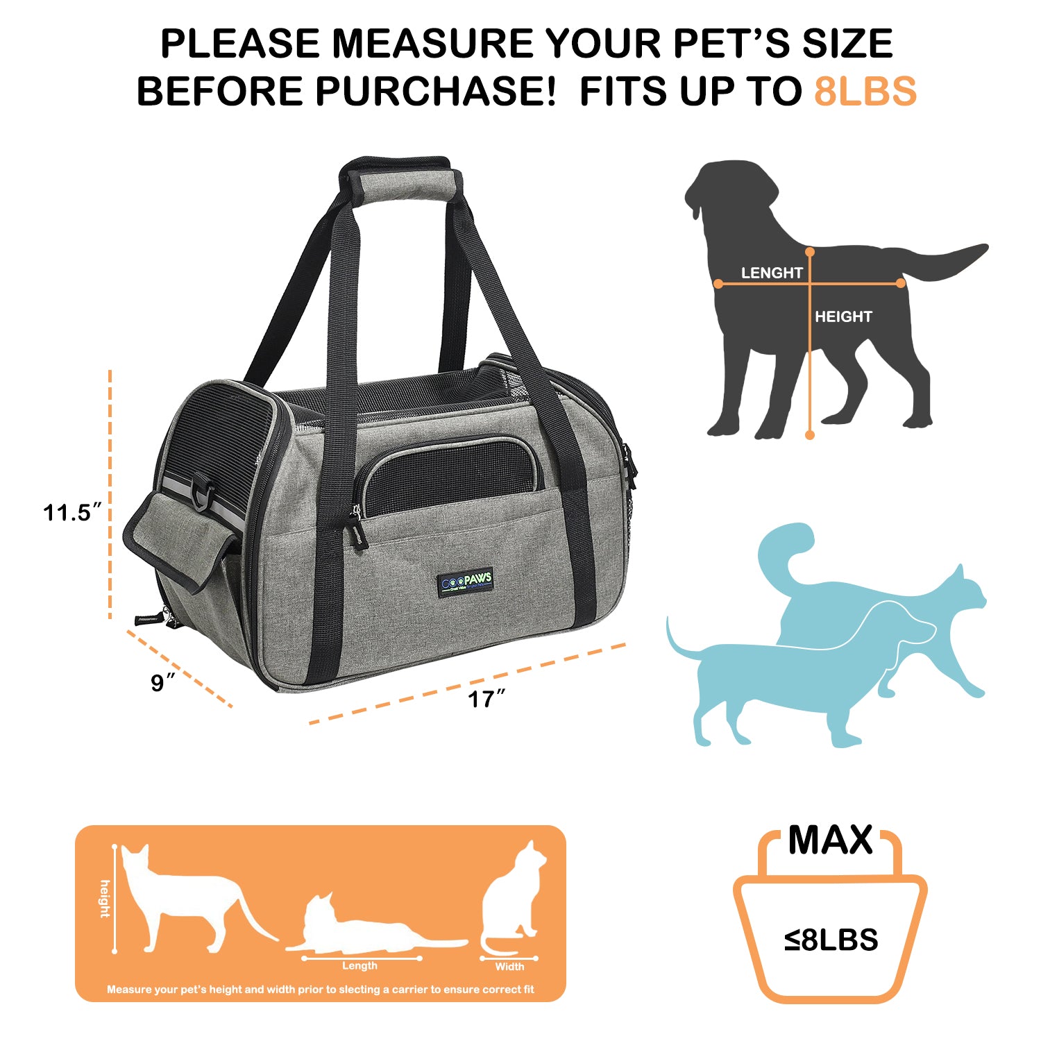 GOOPAWS Soft Sided Pet Carrier Perfect for Travel, Smoke Grey, 17"