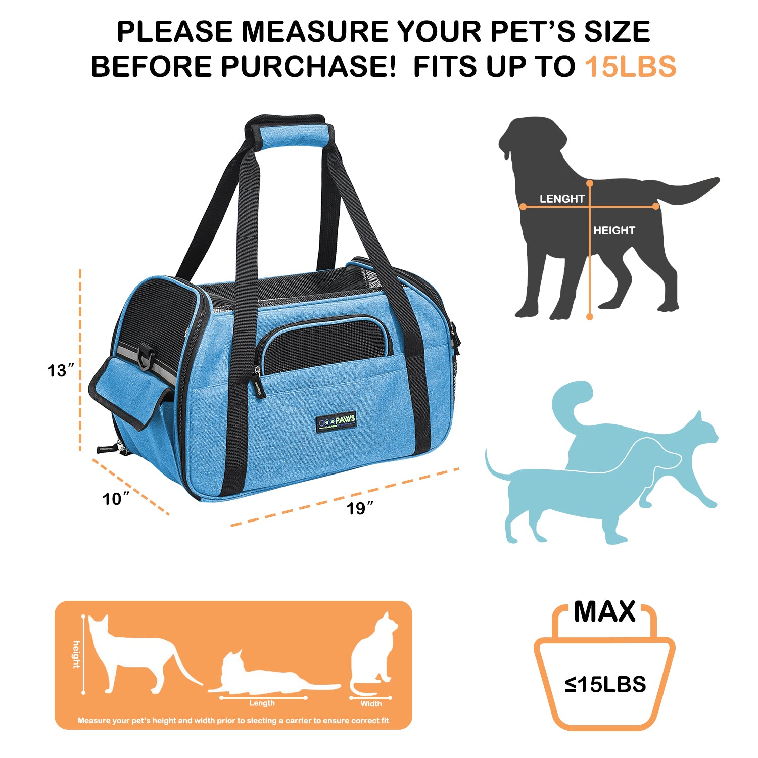 GOOPAWS Soft Sided Pet Cat Carrier Perfect for Travel, Turquoise, 19"