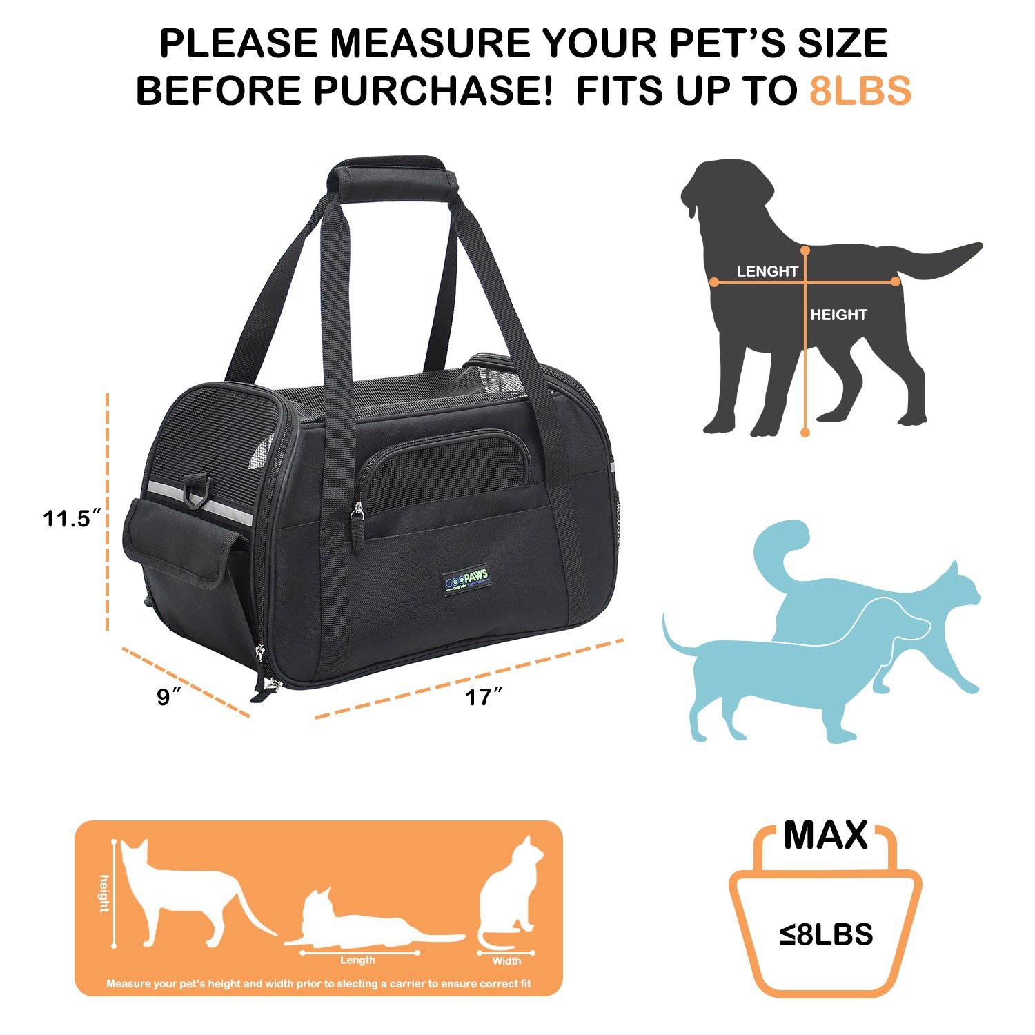 GOOPAWS Soft Sided Small Pet Carrier Comfort for Travel, Black, 17"
